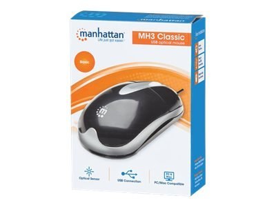 Manhattan MH3 USB Wired Mouse, Black/Grey, 1000dpi, USB-A, Optical, Sturdy, Three Button with Scroll Wheel, Three Year Warranty,