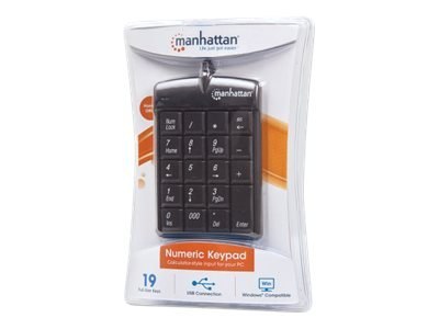 Manhattan Numeric Keypad, Wired, USB-A, 18 Full Size Keys, Black, Membrane Key Switches, Windows and Mac, Three Year Warranty, B