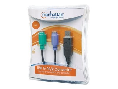 Manhattan USB-A to PS/2 Converter cable, 15cm, Male to Female, Black, Connects Two PS/2 Devices via One USB-A Port, Three Year W