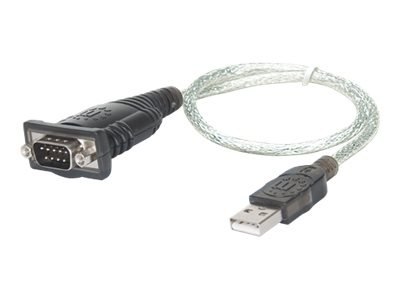 Manhattan USB-A to Serial Converter cable, 45cm, Male to Male, Serial/RS232/COM/DB9, Prolific PL-2303RA Chip, Black/Silver cable