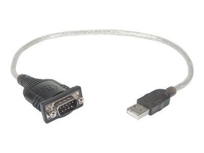 Manhattan USB-A to Serial Converter cable, 45cm, Male to Male, Serial/RS232/COM/DB9, Prolific PL-2303RA Chip, Black/Silver cable