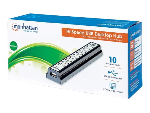 Manhattan USB-A 10-Port Desktop Hub, 10x USB-A Ports, 480 Mbps (USB 2.0), Bus or AC Power, Hi-Speed USB, Black, Three Year Warra