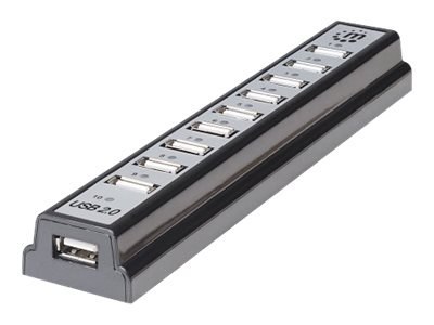 Manhattan USB-A 10-Port Desktop Hub, 10x USB-A Ports, 480 Mbps (USB 2.0), Bus or AC Power, Hi-Speed USB, Black, Three Year Warra