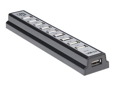 Manhattan USB-A 10-Port Desktop Hub, 10x USB-A Ports, 480 Mbps (USB 2.0), Bus or AC Power, Hi-Speed USB, Black, Three Year Warra
