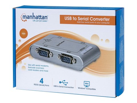 Manhattan USB-A to 4x Serial Port Converter, Male to Male, Serial/RS232, MosChip MCS7840, Automatic IRQ and I/O address selectio