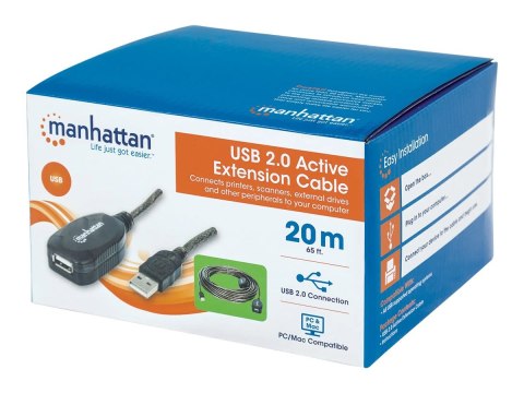 Manhattan USB-A to USB-A Extension Cable, 20m, Male to Female, Active, 480 Mbps (USB 2.0), Daisy-Chainable, Built In Repeater, H