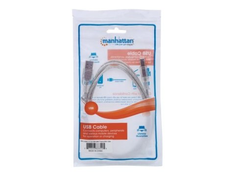 Manhattan USB-A to USB-B Cable, 1.8m, Male to Male, Translucent Silver, 480 Mbps (USB 2.0), Hi-Speed USB, Lifetime Warranty, Pol