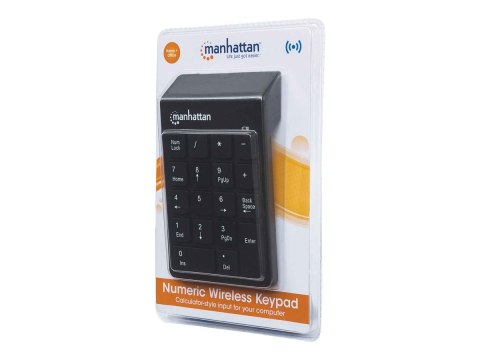 Manhattan Numeric Keypad, Wireless (2.4GHz), USB-A Micro Receiver, 18 Full Size Keys, Black, Membrane Key Switches, Auto Power M