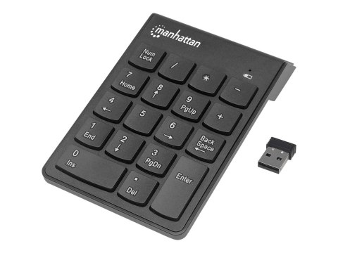 Manhattan Numeric Keypad, Wireless (2.4GHz), USB-A Micro Receiver, 18 Full Size Keys, Black, Membrane Key Switches, Auto Power M