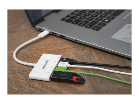 Manhattan USB-C Dock/Hub, Ports (x4): USB-A (x3) and USB-C, 5 Gbps (USB 3.2 Gen1 aka USB 3.0), With Power Delivery (60W) to USB-