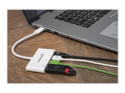 Manhattan USB-C Dock/Hub, Ports (x4): USB-A (x3) and USB-C, 5 Gbps (USB 3.2 Gen1 aka USB 3.0), With Power Delivery (60W) to USB-