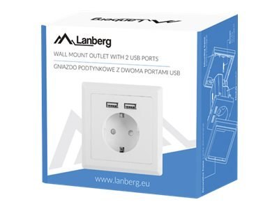 Lanberg - Gniazdko elektryczne - 2P+E - USB, Typ F - z żaluzjami - 1 puszka - 1 gniazdo zasilania, 2 gniazda USB - 2.1 A - biały