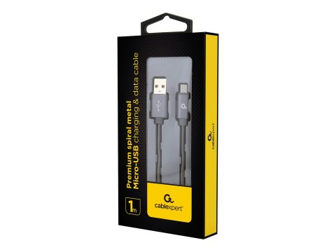 Cablexpert Premium spiral metal - Kabel USB - Micro-USB Type B (M) do USB (M) - USB 2.0 - 2.1 A - 1 m - szary metalik