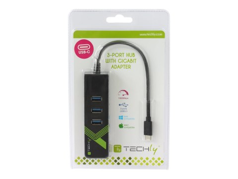 TECHly USB-C Gigabit Ethernet Converter Adapter with 3-Port USB 3.0 Hub - Koncentrator - 3 x SuperSpeed USB 3.0 + 1 x 10/100/100