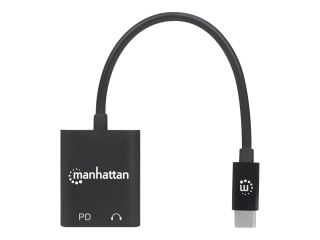 Manhattan USB-C to Headphone Jack (3.5mm) and USB-C (inc Power Delivery), Black, 480 Mbps (USB 2.0), Cable 11cm, Audio, With Pow