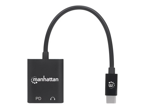Manhattan USB-C to Headphone Jack (3.5mm) and USB-C (inc Power Delivery), Black, 480 Mbps (USB 2.0), Cable 11cm, Audio, With Pow