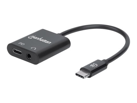 Manhattan USB-C to Headphone Jack (3.5mm) and USB-C (inc Power Delivery), Black, 480 Mbps (USB 2.0), Cable 11cm, Audio, With Pow