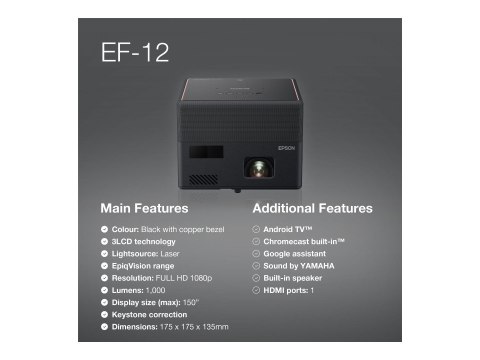 Epson EF-12 - Projektor 3LCD - przenośny - 1000 lumeny (biel) - 1000 lumeny (kolor) - Full HD (1920 x 1080) - 16:9 - czarny - An
