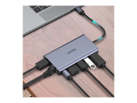 Unitek uHUB S7+ 7-in-1 USB-C Ethernet Hub with MST Dual Monitor, 100W Power Delivery and Card Reader - Stacja dokująca - USB-C -
