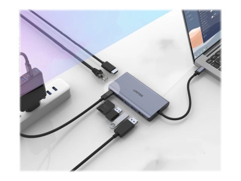 Unitek uHUB S7+ 7-in-1 USB-C Ethernet Hub with MST Dual Monitor, 100W Power Delivery and Card Reader - Stacja dokująca - USB-C -