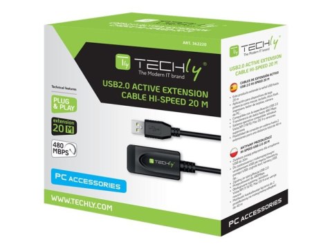 TECHly - Przedłużacz kabla USB - USB (F) do USB (M) - USB 2.0 - 20 m - aktywny - czarny