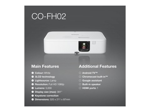 Epson CO-FH02 - Projektor 3LCD - przenośny - 3000 lumeny (biel) - 3000 lumeny (kolor) - Full HD (1920 x 1080) - 16:9 - 1080p - c