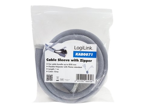 LogiLink - Rękaw do porządkowania kabli - z suwakiem - 1 m - szary