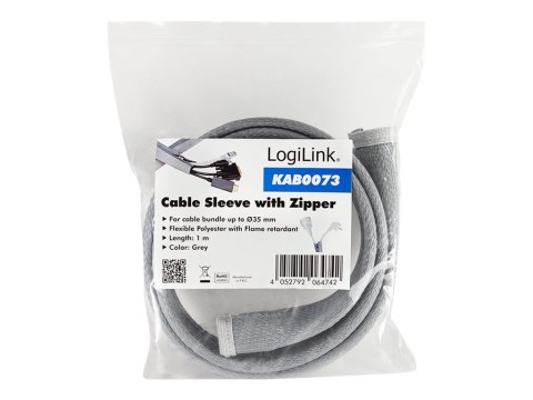 LogiLink - Rękaw do porządkowania kabli - z suwakiem - 1 m - szary