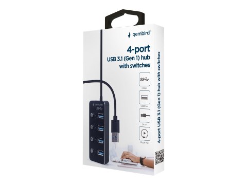 Gembird - Koncentrator - zasilany, z przełącznikami, czarny - 4 x USB 3.1 Gen 1 - stacjonarny