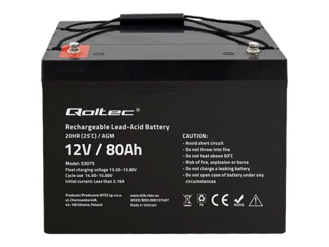 Qoltec - Bateria systemu alarmowego - AGM, 12 V, 23,5 kg - kwasowo-ołowiowy - 80 Ah