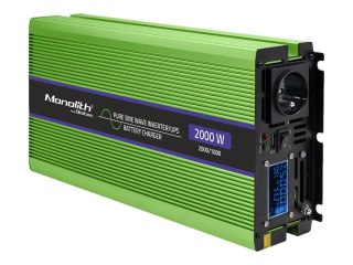 Qoltec Monolith - Falownik zasilania z DC na AC / ładowarka akumulatorów / UPS - czysta sinusoida, LCD - AC 230 V / DC 12 V - 10