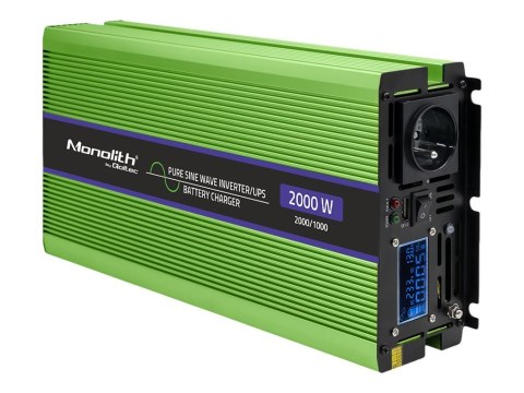 Qoltec Monolith - Falownik zasilania z DC na AC / ładowarka akumulatorów / UPS - czysta sinusoida, LCD - AC 230 V / DC 12 V - 10