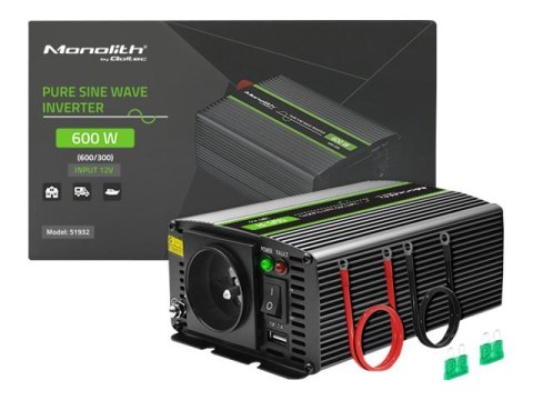 Qoltec Monolith - Inwerter DC na AC - czysta fala sinusoidalna - 12 V - 300 wat