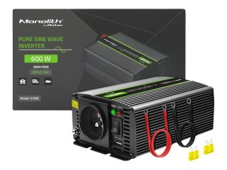 Qoltec Monolith - Inwerter DC na AC - czysta fala sinusoidalna - 24 V - 600 wat - Europa