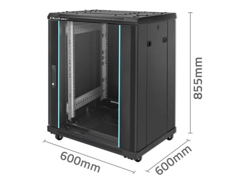 Qoltec - Stojak szafa - 600 x 855 x 600, drzwiczki perforowane, nóżki + kółka, etui stalowe, zamek - wolnostojący - czarny - 15U