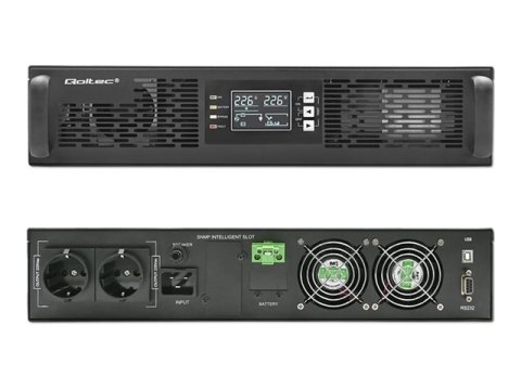 Qoltec - UPS (montowany w stojaku) - współczynnik mocy 1.0, LCD, EPO, on-line - AC 110-300 V - 3000 wat - 3000 VA - 7 Ah - RS-23