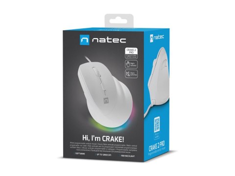 Natec CRAKE 2 PRO - Mysz pionowa - ergonomiczna - optyczna - 6 przyciski - przewodowa - USB - biały