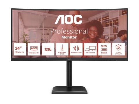 AOC CU34E4CV - Monitor LED - zaokrąglony - USB - 34" - 3440 x 1440 UWQHD @ 120 Hz - VA - 3500:1 - HDR10 - 4 ms - 2xHDMI, Display