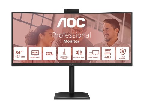 AOC CU34E4CW - Monitor LED - zaokrąglony - USB - 34" - 3440 x 1440 UWQHD - VA - 350 cd/m² - 3500:1 - HDR10 - 4 ms - 2xHDMI, Disp
