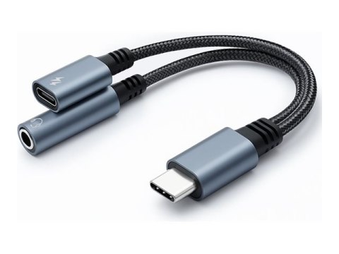 Qoltec - Złącze z USB-C na słuchawkowe / przejściówka do ładowania - USB-C męski do mini jack, USB-C żeński - 10 cm - szary - US