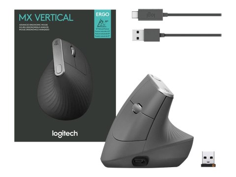 Logitech MX Vertical - Mysz pionowa - ergonomiczna - optyczna - 6 przyciski - bezprzewodowa, przewodowa - Bluetooth, 2.4 GHz - o