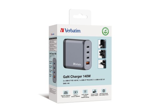 Verbatim - Zasilacz - GaN - 140 wat - 5 A - PD 3.0, Power Delivery 3.1, QC 3.0, PD/PPS - 4 złącza wychodzące (3 x USB-C, USB)