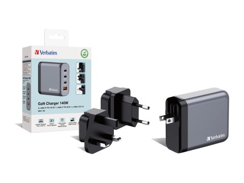 Verbatim - Zasilacz - GaN - 140 wat - 5 A - PD 3.0, Power Delivery 3.1, QC 3.0, PD/PPS - 4 złącza wychodzące (3 x USB-C, USB)