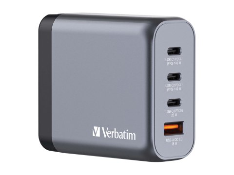 Verbatim - Zasilacz - GaN - 140 wat - 5 A - PD 3.0, Power Delivery 3.1, QC 3.0, PD/PPS - 4 złącza wychodzące (3 x USB-C, USB)