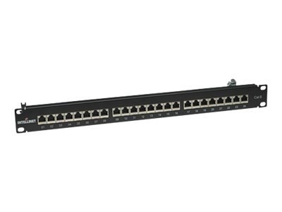 Intellinet Patch Panel, Cat6, FTP, 24-Port, 1U, Shielded, 90° Top-Entry Punch-Down Blocks, Black - Krosownica - CAT 6 - FTP - RJ