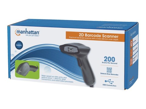 Manhattan 2D Handheld Barcode Scanner, USB, 430mm Scan Depth, Cable 1.5m, Max Ambient Light 100,000 lux (sunlight), Black, Three