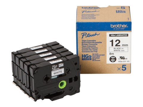 Brother HGE-231V5 - Czarny na białym - Wałek (1,2 cm x 8 m) 5 kaseta(y) taśma laminowana - dla P-Touch PT-9500pc, PT-9800PCN; P-
