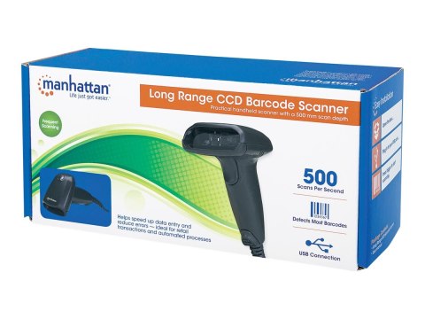 Manhattan Long Range CCD Handheld Barcode Scanner, USB, 500mm Scan Depth, Cable 1.5m, Max Ambient Light 10,000 lux (sunlight), B