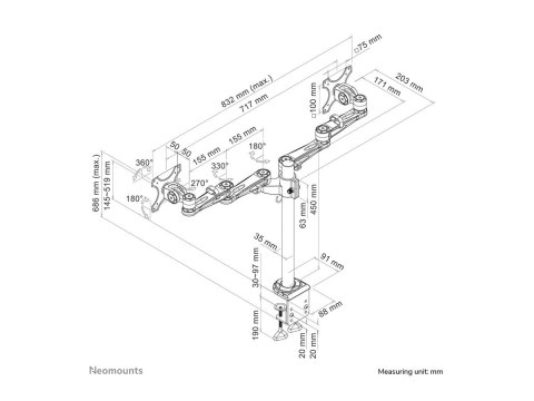 Neomounts FPMA-D935D - Zestaw do montażu - pełny zakres ruchu - dla 2 wyświetlacze LCD - srebrny - rozmiar ekranu: 10"-27" - mon