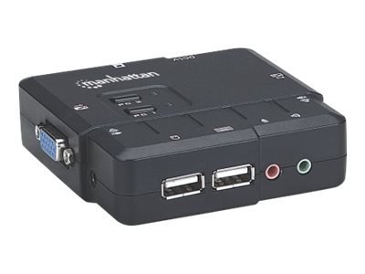 Manhattan KVM Switch Compact 2-Port, 2x USB-A, Cables included, Audio Support, Control 2x computers from one pc/mouse/screen, Bl
